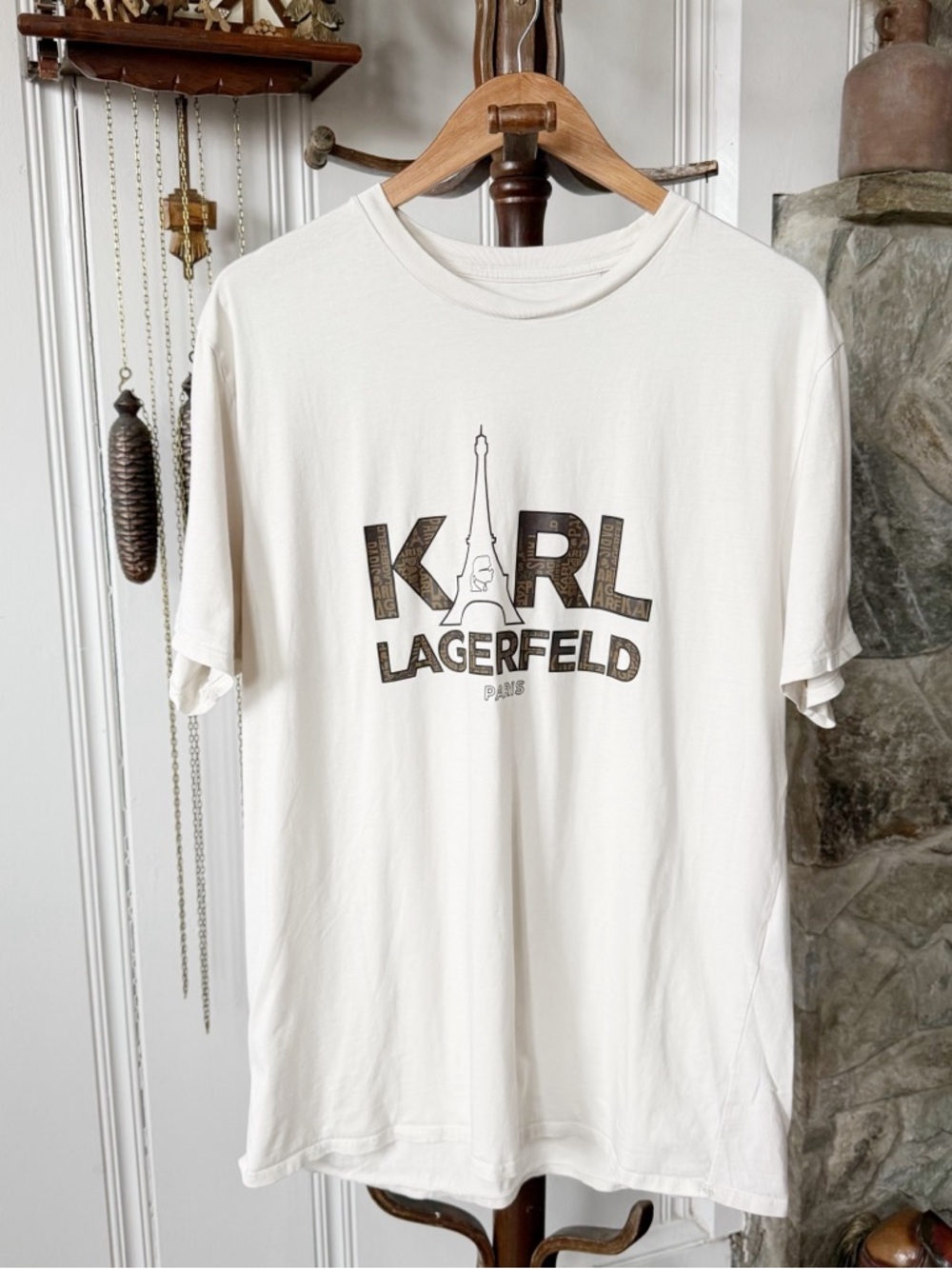 Karl Lagerfeld Paris Cotton Eiffel Tower Karl Logo Graphic Tee Offwhite Mens XL - Picture 2 of 6